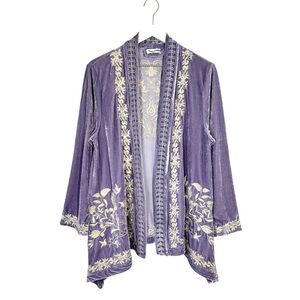 Time For Me Purple Boho Velvet Embroidered Cascading Open Front Cardigan Size L